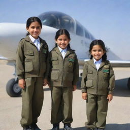 Little Afghan girls dressed in pilot uniforms, proudly standing near an airplane, their vivid smiles reflecting their soaring ambition.