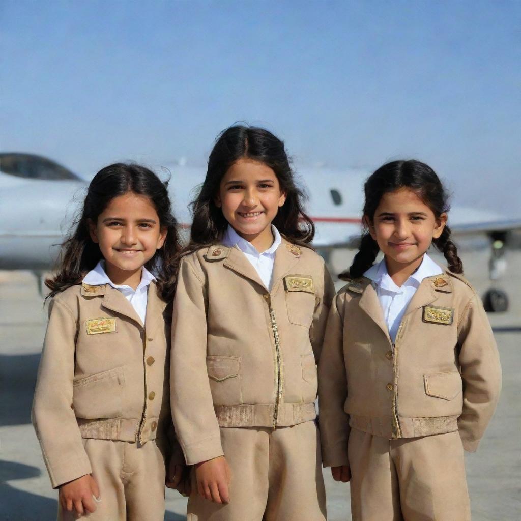 Little Afghan girls dressed in pilot uniforms, proudly standing near an airplane, their vivid smiles reflecting their soaring ambition.