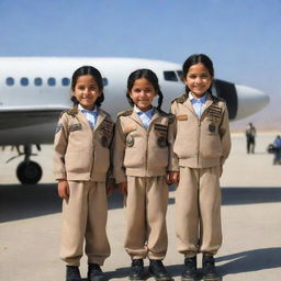 Little Afghan girls dressed in pilot uniforms, proudly standing near an airplane, their vivid smiles reflecting their soaring ambition.