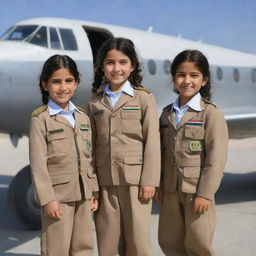 Little Afghan girls dressed in pilot uniforms, proudly standing near an airplane, their vivid smiles reflecting their soaring ambition.