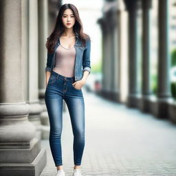 A high-quality photograph capturing an Asian woman in tight jeans