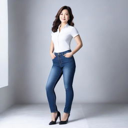 This is a high-quality photograph of a mature Korean woman in tight jeans, showcasing her full-figure