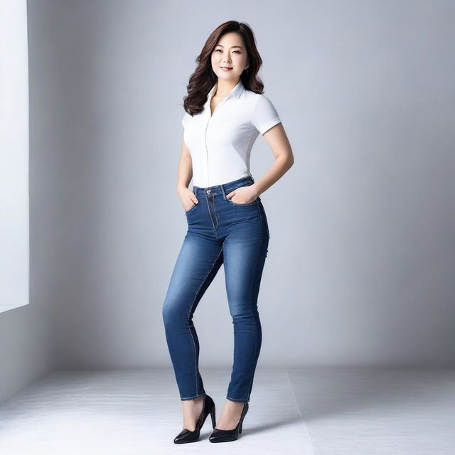 This is a high-quality photograph of a mature Korean woman in tight jeans, showcasing her full-figure