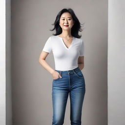 This is a high-quality photograph of a mature Korean woman in tight jeans, showcasing her full-figure