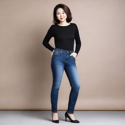 This is a high-quality photograph of a mature Korean woman in tight jeans, showcasing her full-figure