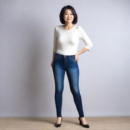 This is a high-quality photograph of a mature Japanese woman in tight jeans, showcasing her full-figure