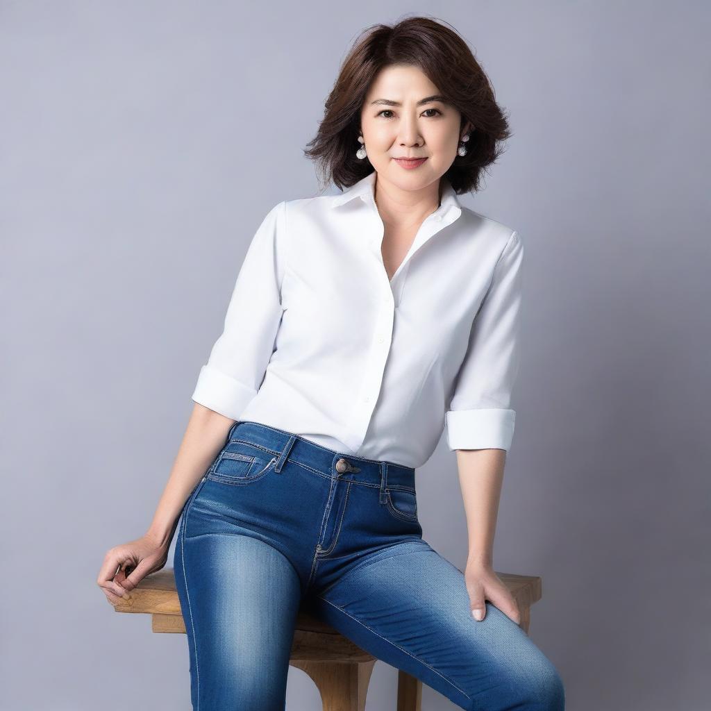 This is a high-quality photograph of a mature Japanese woman in tight jeans, showcasing her full-figure