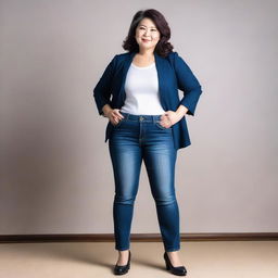 This is a high-quality photograph of a mature Japanese woman in tight jeans, showcasing her full-figure