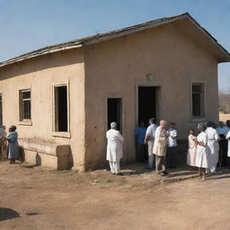 A rural scene depicting a small, under-resourced medical facility, with people anxiously waiting outside under a harsh sun. The building is old and worn, medical equipment is outdated, and medical workers are visibly strained yet persevering.