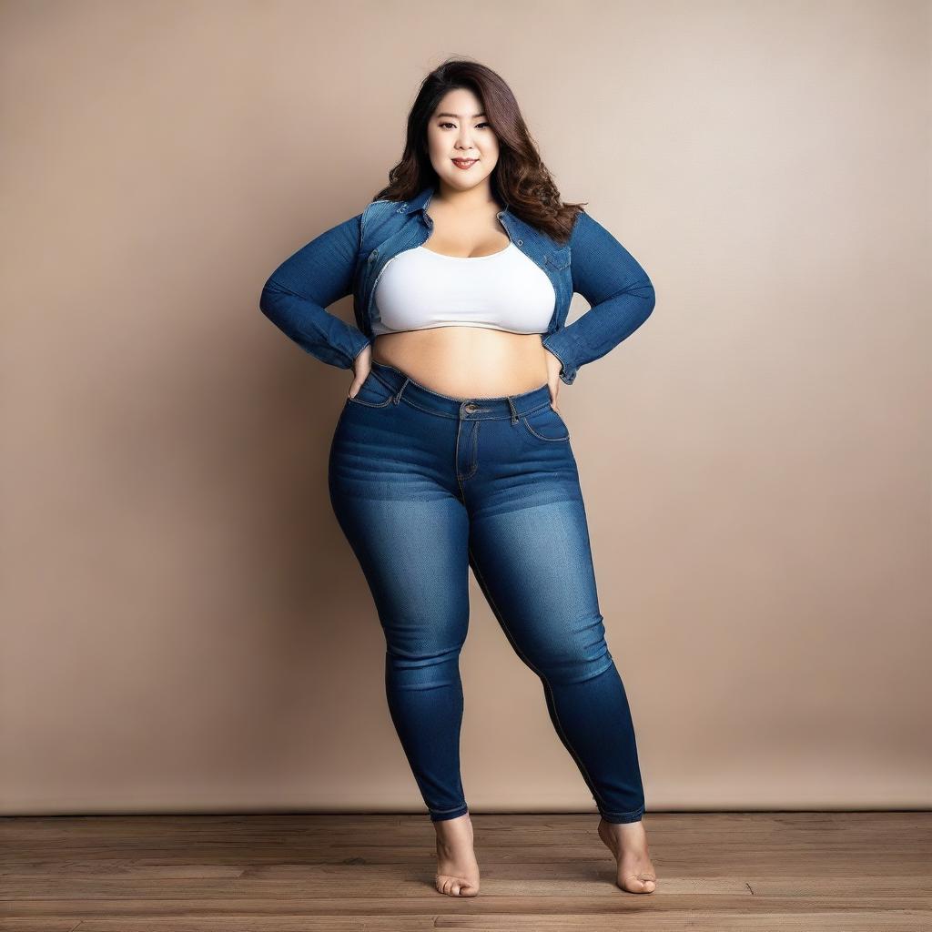 A high-quality photograph featuring a full-figured Asian woman in tight jeans, emphasizing her curvaceous figure