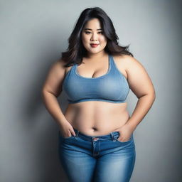 A high-quality photograph featuring a full-figured Asian woman in tight jeans, emphasizing her curvaceous figure