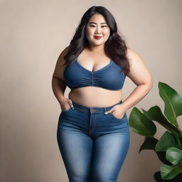 A high-quality photograph featuring a full-figured Asian woman in tight jeans, emphasizing her curvaceous figure