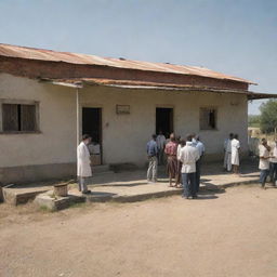 A rural scene depicting a small, under-resourced medical facility, with people anxiously waiting outside under a harsh sun. The building is old and worn, medical equipment is outdated, and medical workers are visibly strained yet persevering.