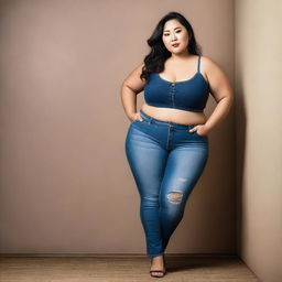 A high-quality photograph featuring a full-figured Asian woman in tight jeans, emphasizing her curvaceous figure