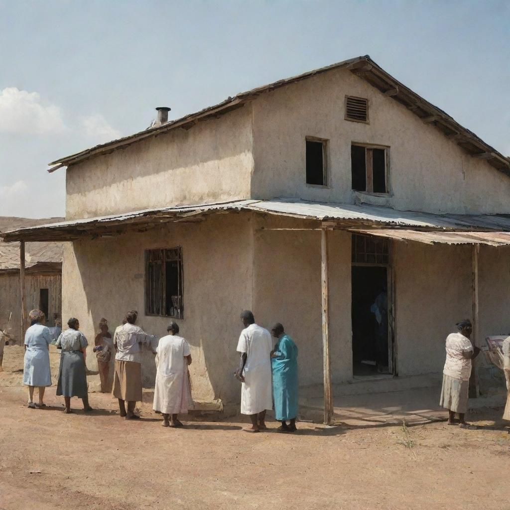 A rural scene depicting a small, under-resourced medical facility, with people anxiously waiting outside under a harsh sun. The building is old and worn, medical equipment is outdated, and medical workers are visibly strained yet persevering.