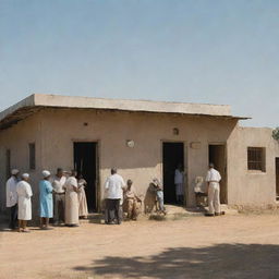 A rural scene depicting a small, under-resourced medical facility, with people anxiously waiting outside under a harsh sun. The building is old and worn, medical equipment is outdated, and medical workers are visibly strained yet persevering.