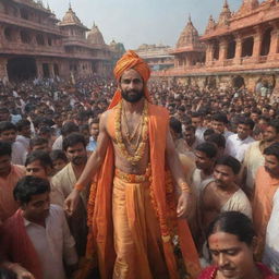 Lord Ram in traditional attire, walking into the grand Ayodhya temple surrounded by celebratory crowds, set against the backdrop of the Kali Yuga era.