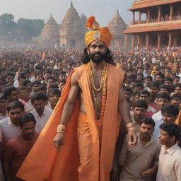 Lord Ram in traditional attire, walking into the grand Ayodhya temple surrounded by celebratory crowds, set against the backdrop of the Kali Yuga era.