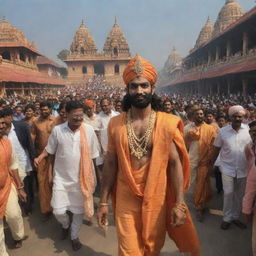 Lord Ram in traditional attire, walking into the grand Ayodhya temple surrounded by celebratory crowds, set against the backdrop of the Kali Yuga era.