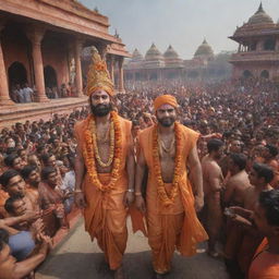 Lord Ram in traditional attire, walking into the grand Ayodhya temple surrounded by celebratory crowds, set against the backdrop of the Kali Yuga era.