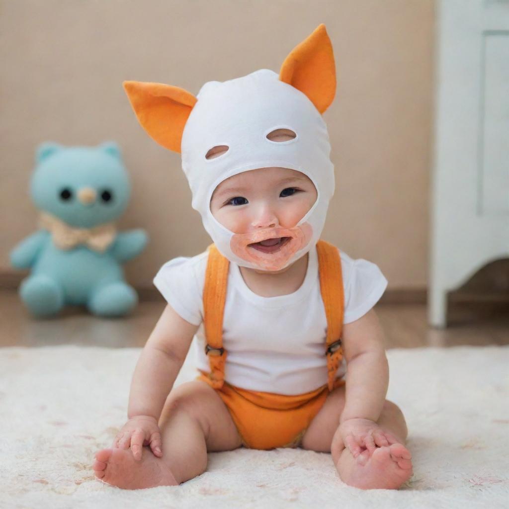 A cute baby with a playful mask, set in a cheerful environment.