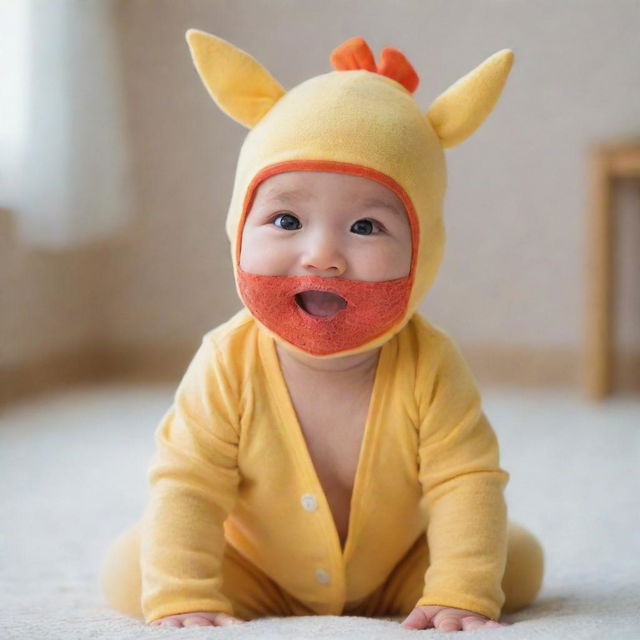 A cute baby with a playful mask, set in a cheerful environment.