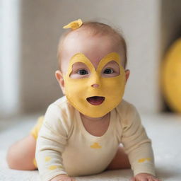 A cute baby with a playful mask, set in a cheerful environment.