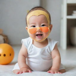 A cute baby with a playful mask, set in a cheerful environment.