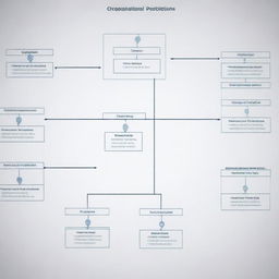 4K HD quality graphic of an organizational management chart, with various clearly labeled managerial positions, lines of reporting and communication, poised in a professional and corporate setting