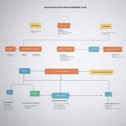 4K HD quality graphic of an organizational management chart, with various clearly labeled managerial positions, lines of reporting and communication, poised in a professional and corporate setting