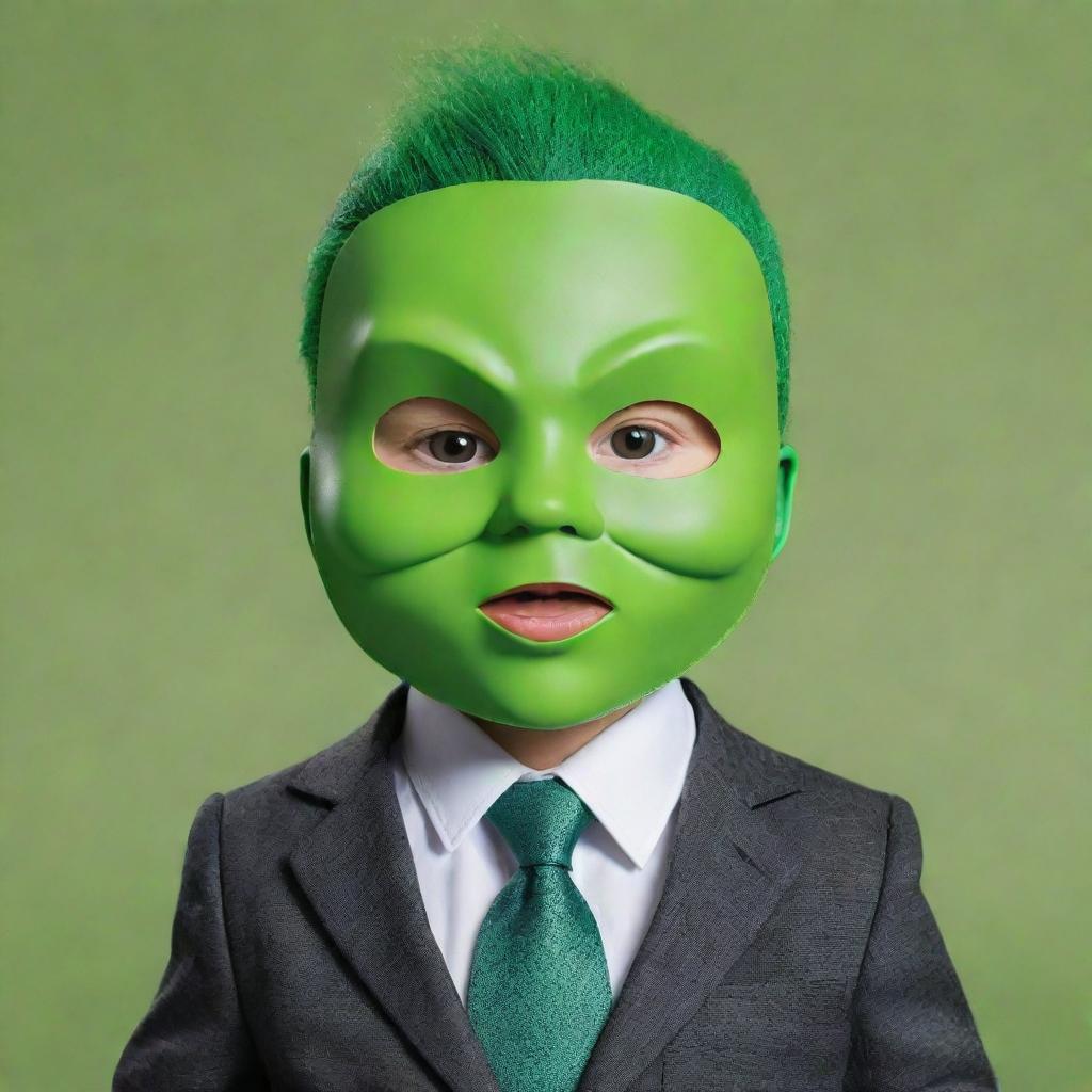 A baby reimagined as the lead character from the movie 'The Mask', wearing a suit, tie, and comical green mask, set on a fun, cartoony backdrop.