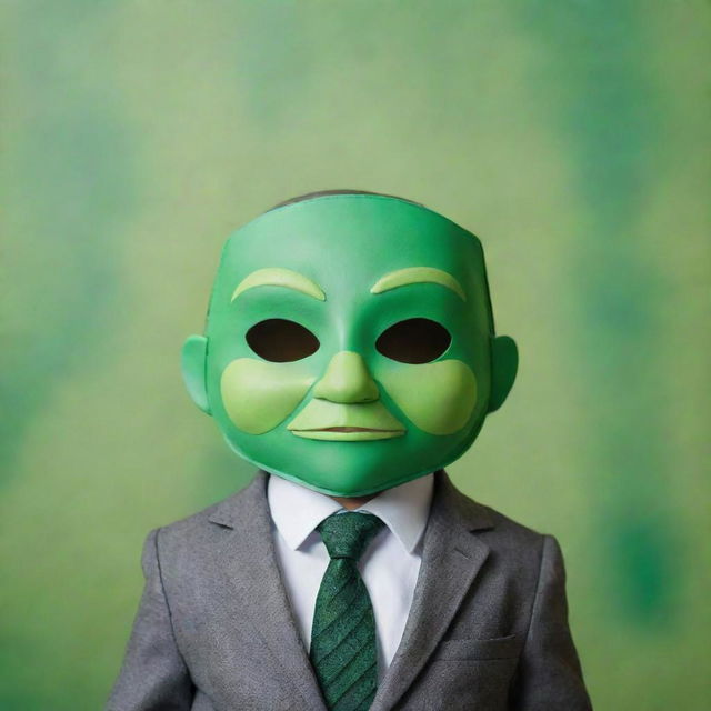 A baby reimagined as the lead character from the movie 'The Mask', wearing a suit, tie, and comical green mask, set on a fun, cartoony backdrop.