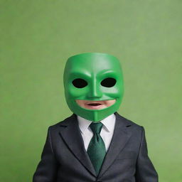 A baby reimagined as the lead character from the movie 'The Mask', wearing a suit, tie, and comical green mask, set on a fun, cartoony backdrop.