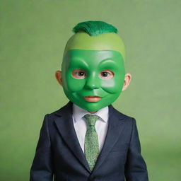 A baby reimagined as the lead character from the movie 'The Mask', wearing a suit, tie, and comical green mask, set on a fun, cartoony backdrop.