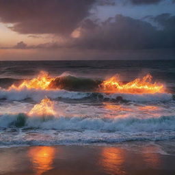 A vast ocean under a twilight sky, its powerful waves ablaze with dancing fire. A dramatic spectacle of nature's fury, while preserving its sublime aesthetics.