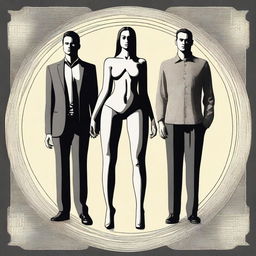 A high-quality digital art showcasing a woman standing in the middle with two men on either side of her