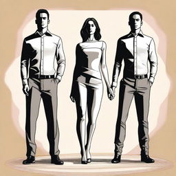 A high-quality digital art showcasing a woman standing in the middle with two men on either side of her