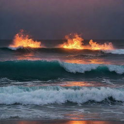 A vast ocean under a twilight sky, its powerful waves ablaze with dancing fire. A dramatic spectacle of nature's fury, while preserving its sublime aesthetics.