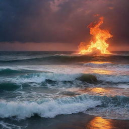 A vast ocean under a twilight sky, its powerful waves ablaze with dancing fire. A dramatic spectacle of nature's fury, while preserving its sublime aesthetics.