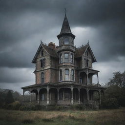 An old, eerie, British-style haunted house standing menacingly under a gloomy sky.