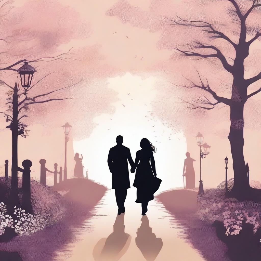 A high-quality digital art depicting a silhouette of a woman in the middle, flanked by two men, all walking away down a romantic pathway