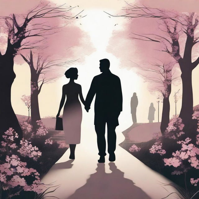 A high-quality digital art depicting a silhouette of a woman in the middle, flanked by two men, all walking away down a romantic pathway