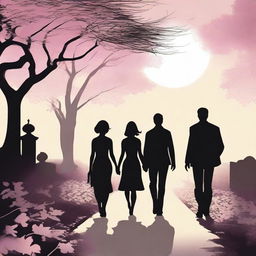 A high-quality digital art depicting a silhouette of a woman in the middle, flanked by two men, all walking away down a romantic pathway