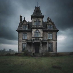 An old, eerie, British-style haunted house standing menacingly under a gloomy sky.