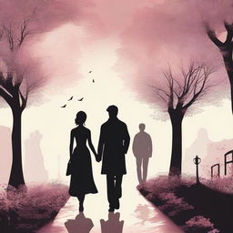 A high-quality digital art depicting a silhouette of a woman in the middle, flanked by two men, all walking away down a romantic pathway