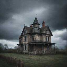 An old, eerie, British-style haunted house standing menacingly under a gloomy sky.