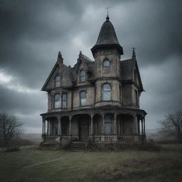 An old, eerie, British-style haunted house standing menacingly under a gloomy sky.