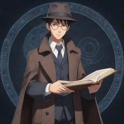 An anime character styled as a paranormal investigator, equipped with a detective coat, a magnifying glass, holding ancient text of magic spells.