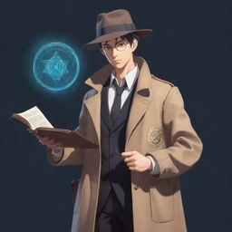 An anime character styled as a paranormal investigator, equipped with a detective coat, a magnifying glass, holding ancient text of magic spells.