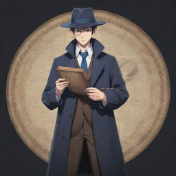 An anime character styled as a paranormal investigator, equipped with a detective coat, a magnifying glass, holding ancient text of magic spells.